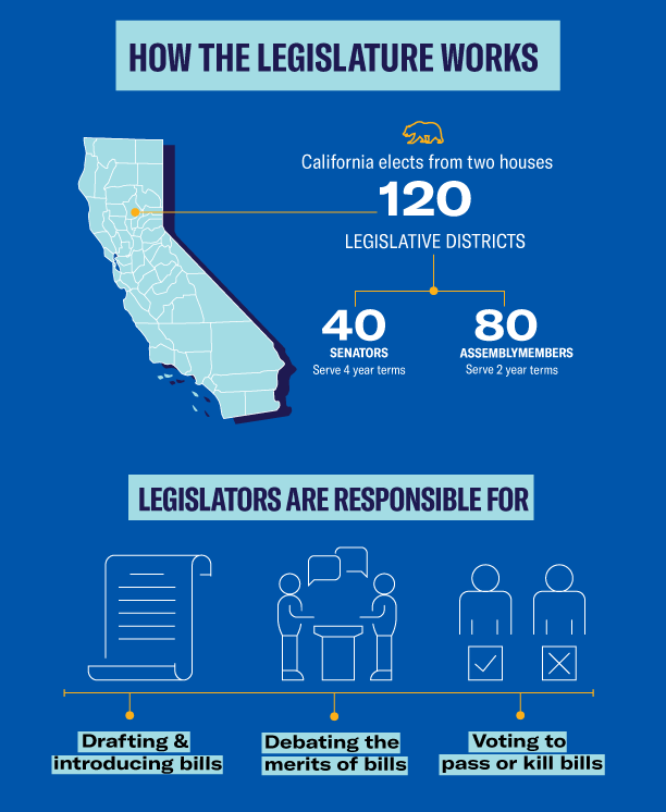How the Legislature Works. California elects from two houses. 120 legislative districts. 40 senators, serves 4 terms. 80 assemblymembers, serves 2 terms. Legislators are responsible for: drafting and introducing bills, debating the merits of the bills, vo