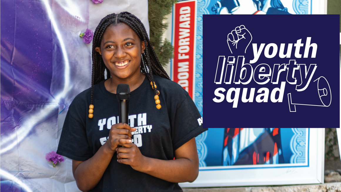 Student leader speaking into a microphone and the Youth Liberty Squad logo
