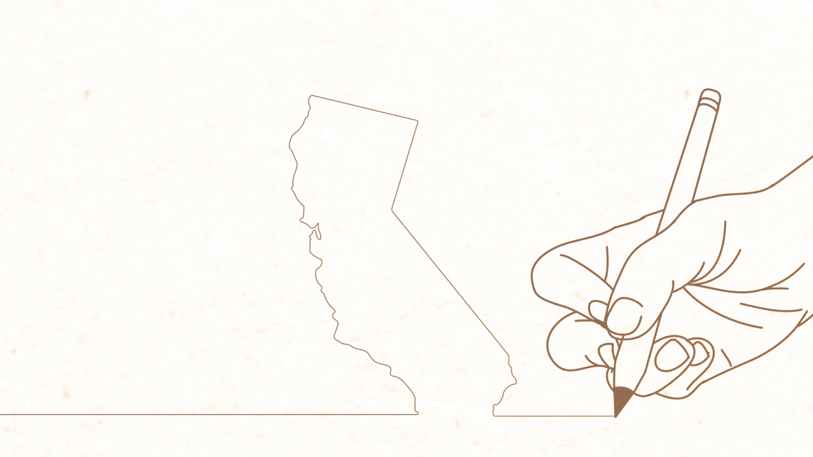 A hand drawing the outline of California 