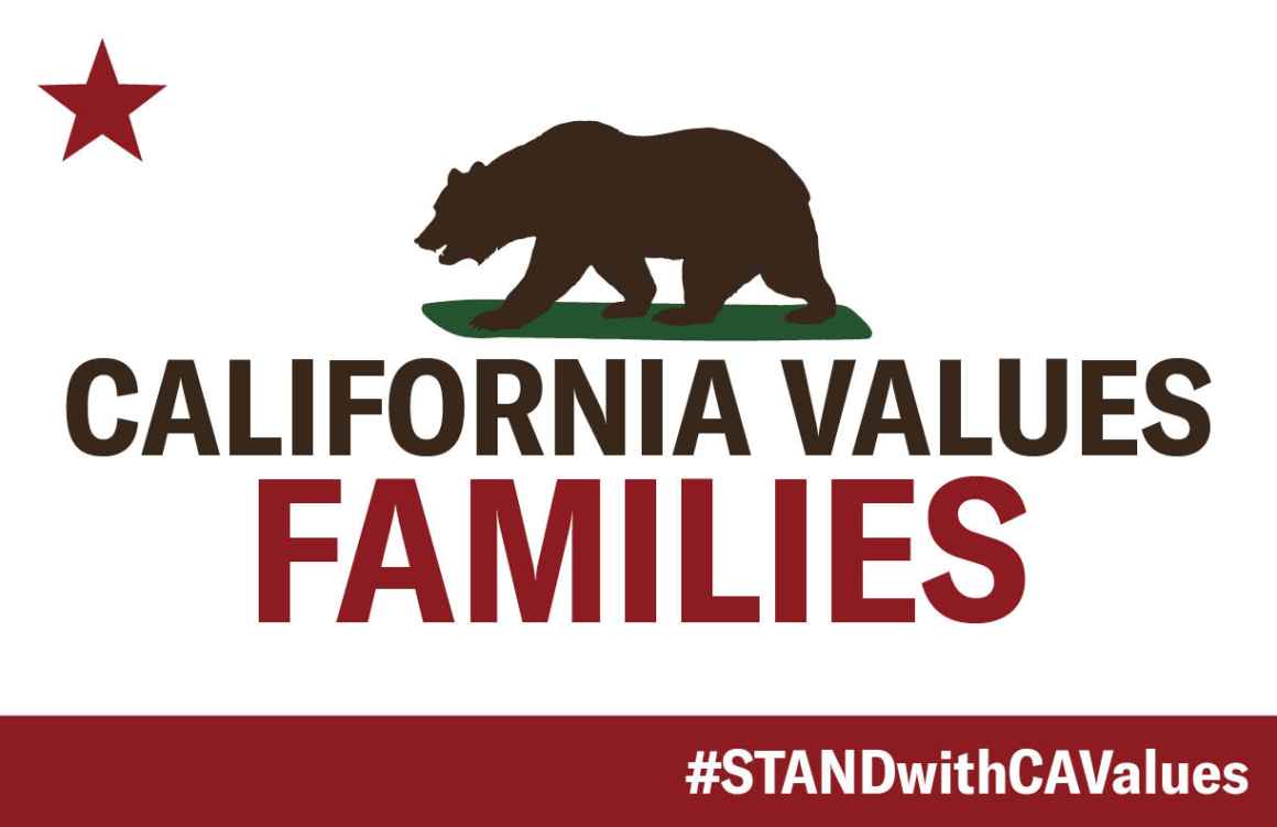 California flag with red star in upper left, brown bear in the middle, with text that reads: California values families, #STANDwithCAValues