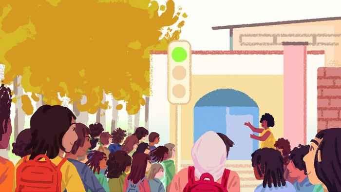 Illustration of people on a school campus all facing a speaker in an outdoor area.