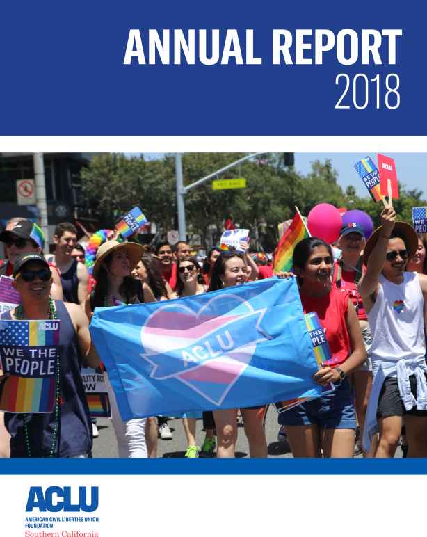 Annual Report 2018 ACLU of Southern California. Image of a group of people marching in the Los Angeles Pride Parade, the people in the front holding a blue flag with a pink and blue ACLU heart on it.