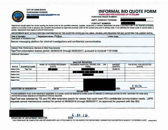 City of Long Beach public record with information blacked out