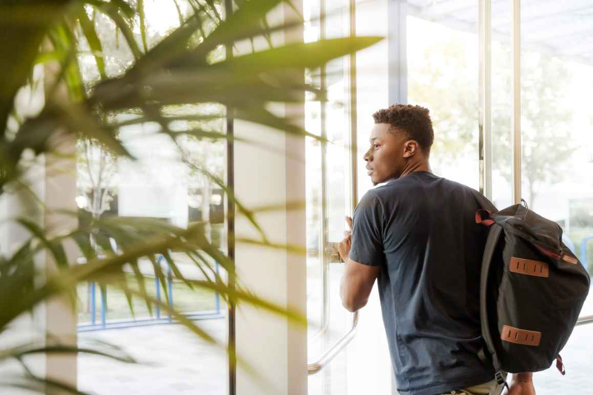 In the background, a young man with a backpack opening and walking through a glass door. In the foreground, the leaves of a palm tree.