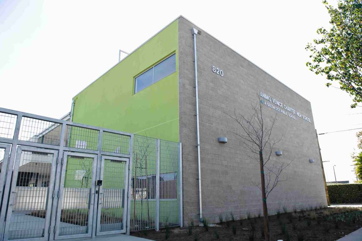 The front of the Animo Venice Charter School building and school gates