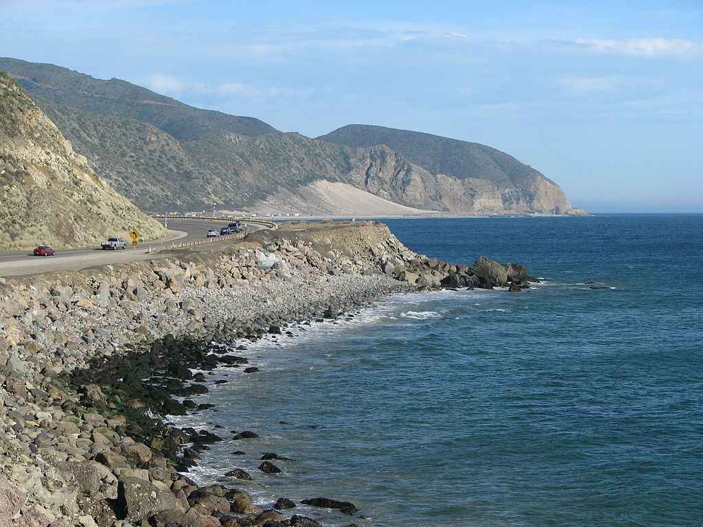 California State Route 1—Pacific Coast Highway — view towards Point Mugu State Park near Point Mugu, at the Santa Monica Mountains coast.