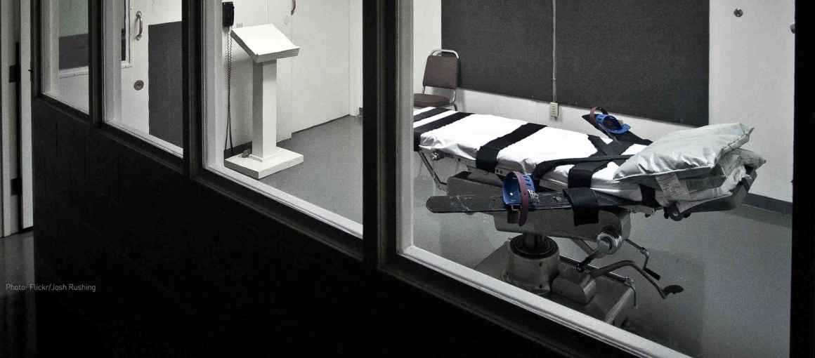 An execution chamber with a lethal injection table with straps