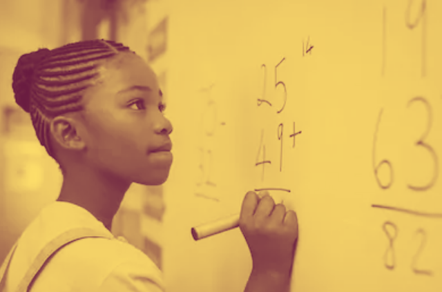 A young Black girl holding a marker, doing arithmetic at a white board